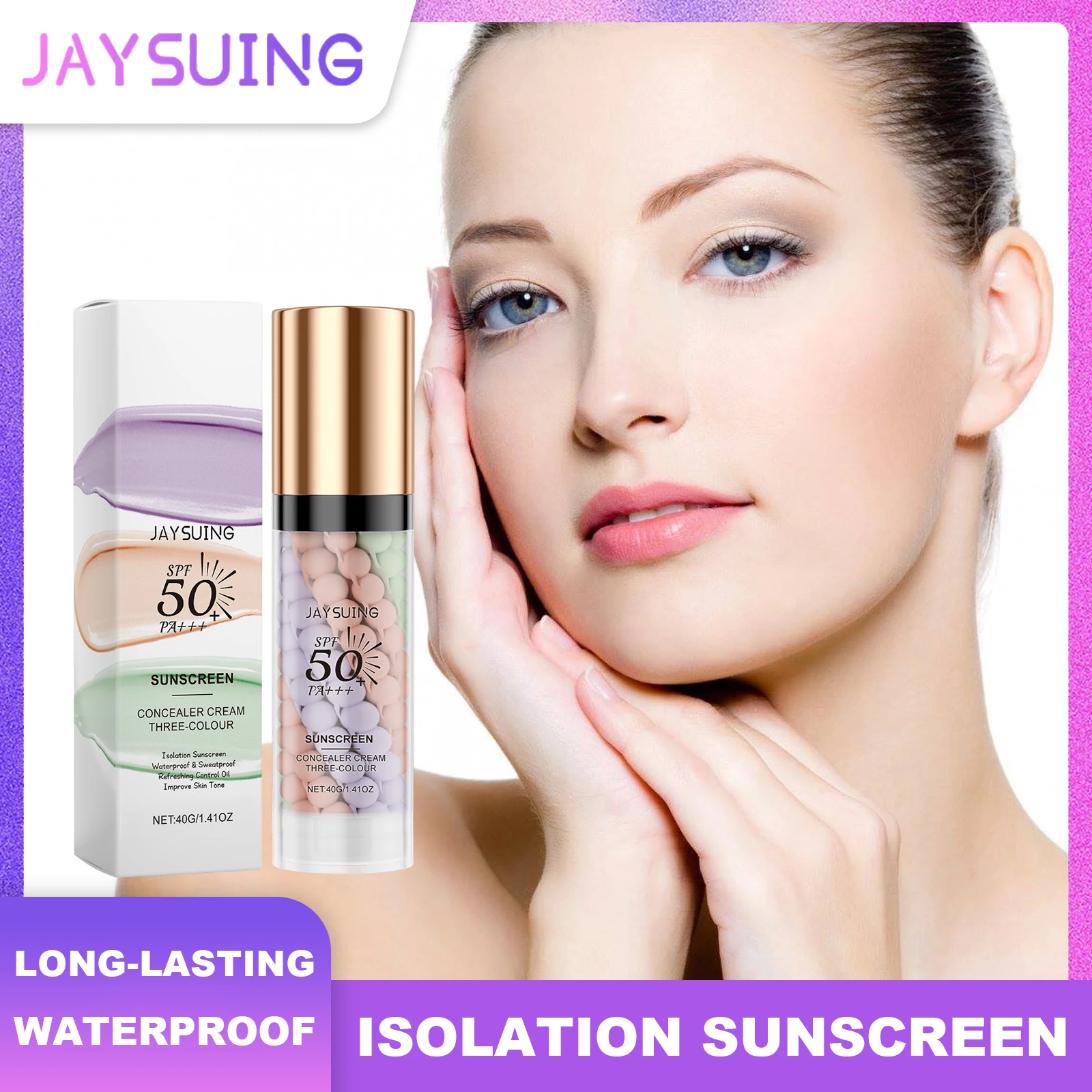 Jaysuing 40g Isolation Sunscreen Tri-Color Cream Waterproof Sweatproof Makeup Foundation Natural Makeup Base Cream Long Lasting