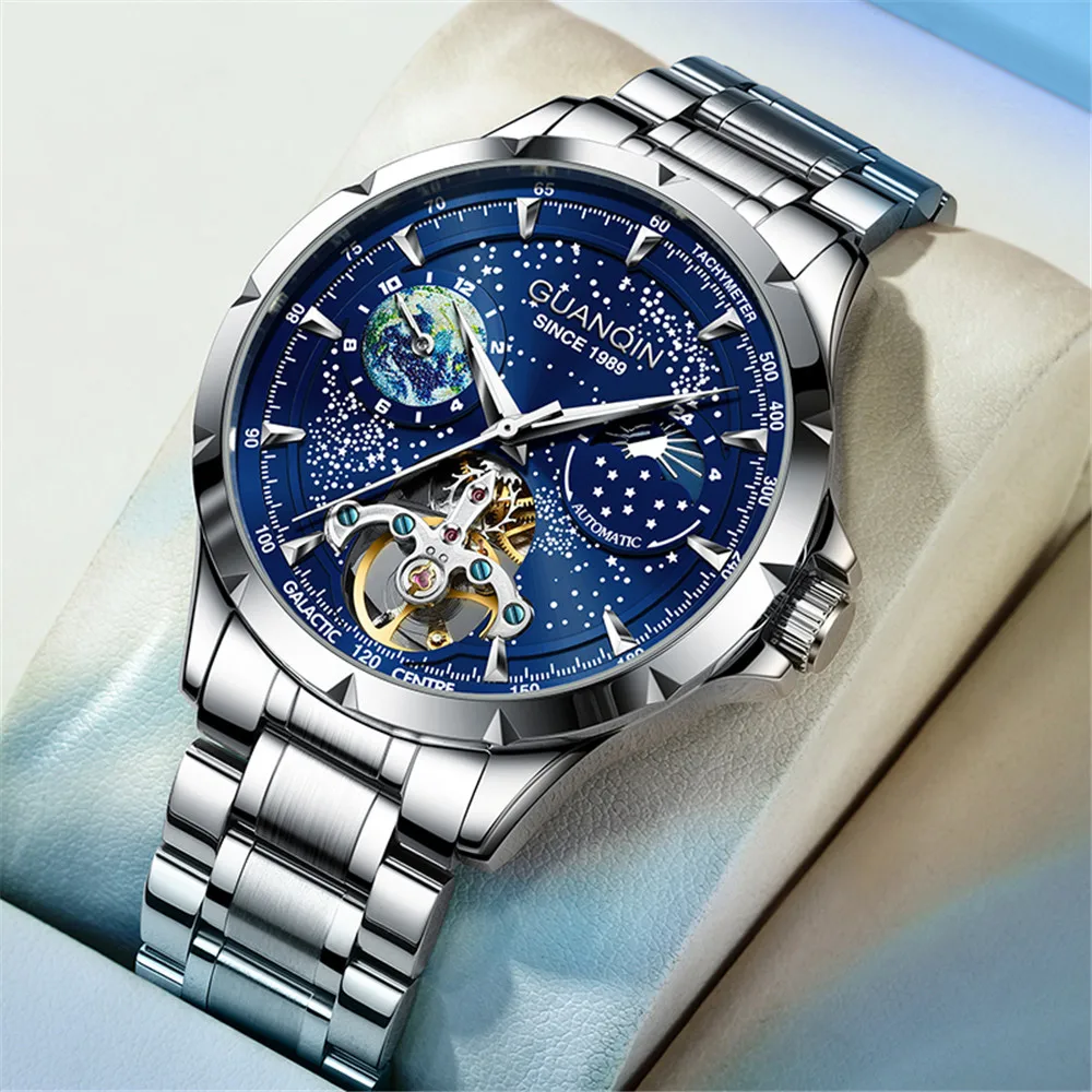 GUANQIN Men Starry Sky Dial Stainless Steel Leather Strap Business Wrist Watch Automatic Self-wind Mechanical Man Skeleton Clock