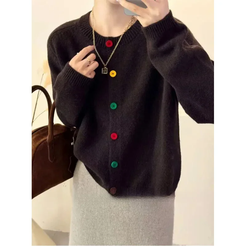 Japanese Sweet and Fresh Round Neck Colorful Button Knitwear Coat Academy Style Western Versatile Sweater Women\'s Cardigans