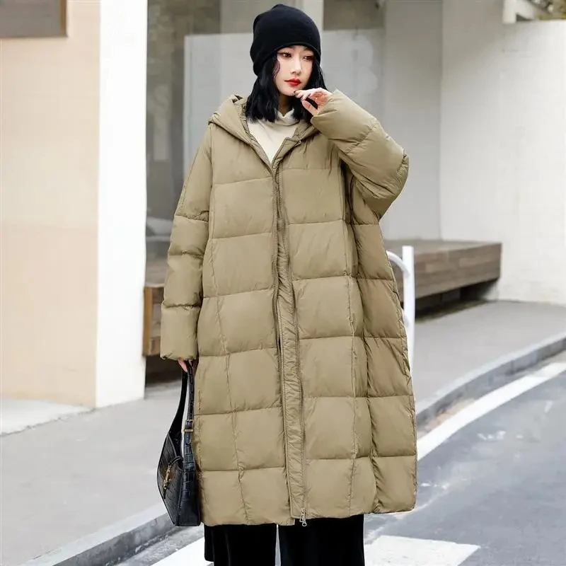 White Duck Down Long Coat, Thickened Warm Hooded Jacket, Casual Loose Parker Coat, Fall and Winter, 2024