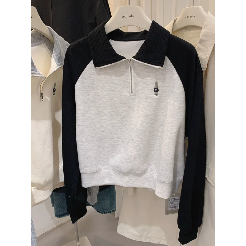 

Half-zip Contrasting Lapel Sweatshirt for Women Spring and Autumn 2025 New Embroidered Chest Logo Long-sleeved Pullover Top