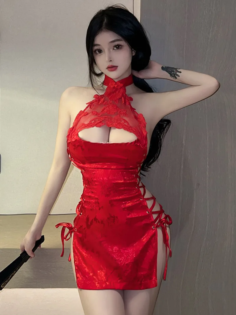 

Summer New Women's Temptation Passionate Hollow out Lace Embroidery Hanging Neck Open Back Fashion Solid Color Mini Dress 2076