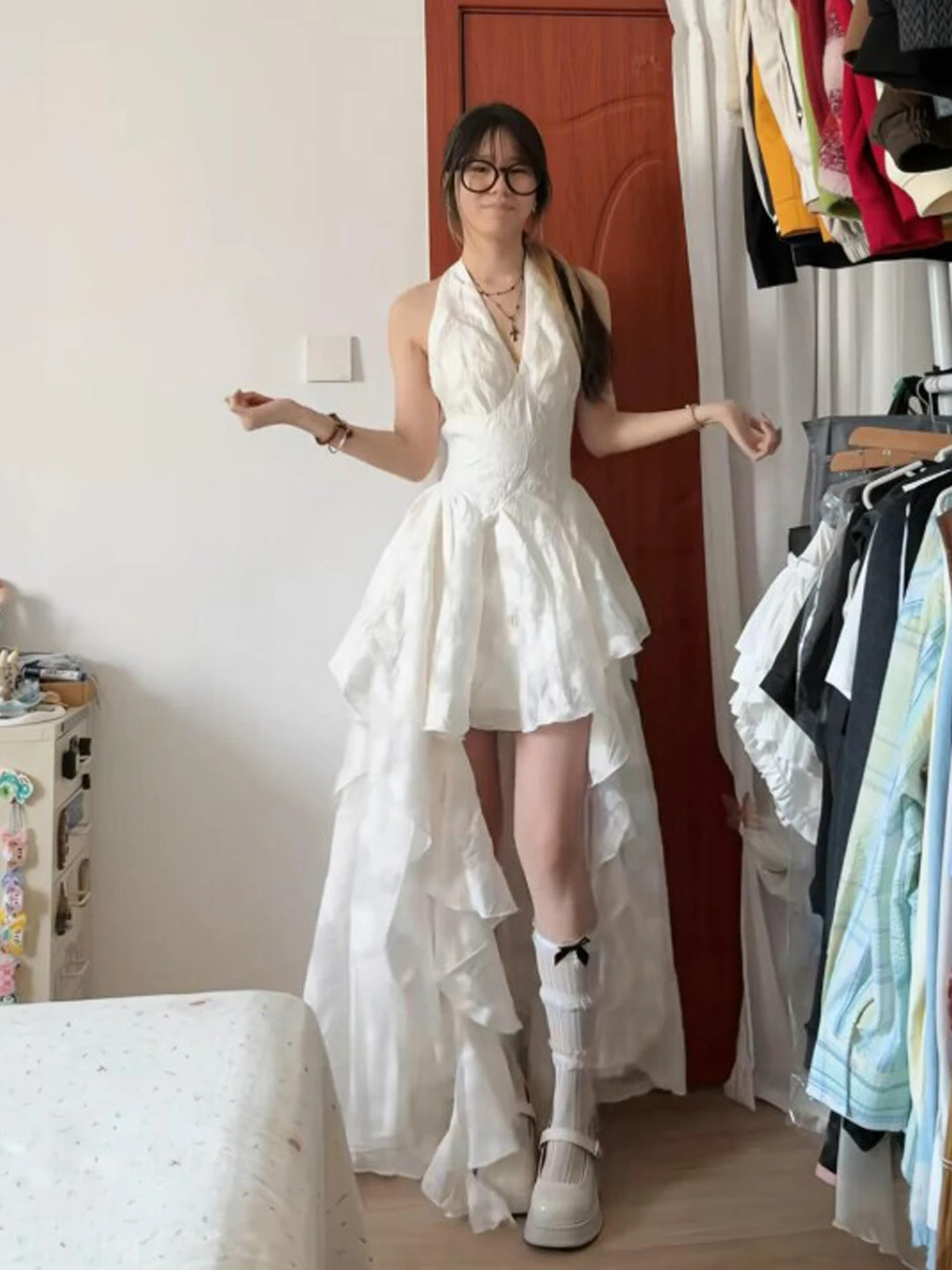 

Gentle Wind Unique Beautiful Hanging Neck Strap Dress Waist Cinching Fairy Tail Skirt Summer Cotton Blend Casual Elegant