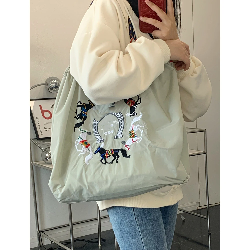 Horse Embroidery Women Shoulder Bag Eco Bag Designer Bags for Women Ball Shopper Purses Rope Handle Tote Handbag Nylon Hobos New