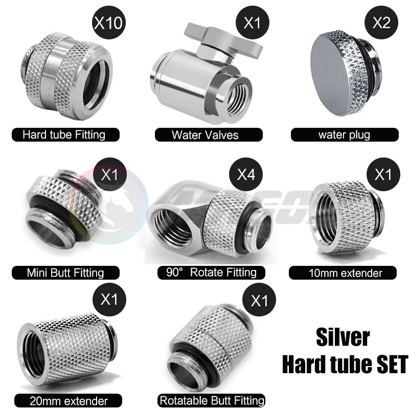 Computer Water Cooling Hard Pipe Fitting Kit, AIO Pack For 10*14mm Tube Watercooling Building, Black / Silver