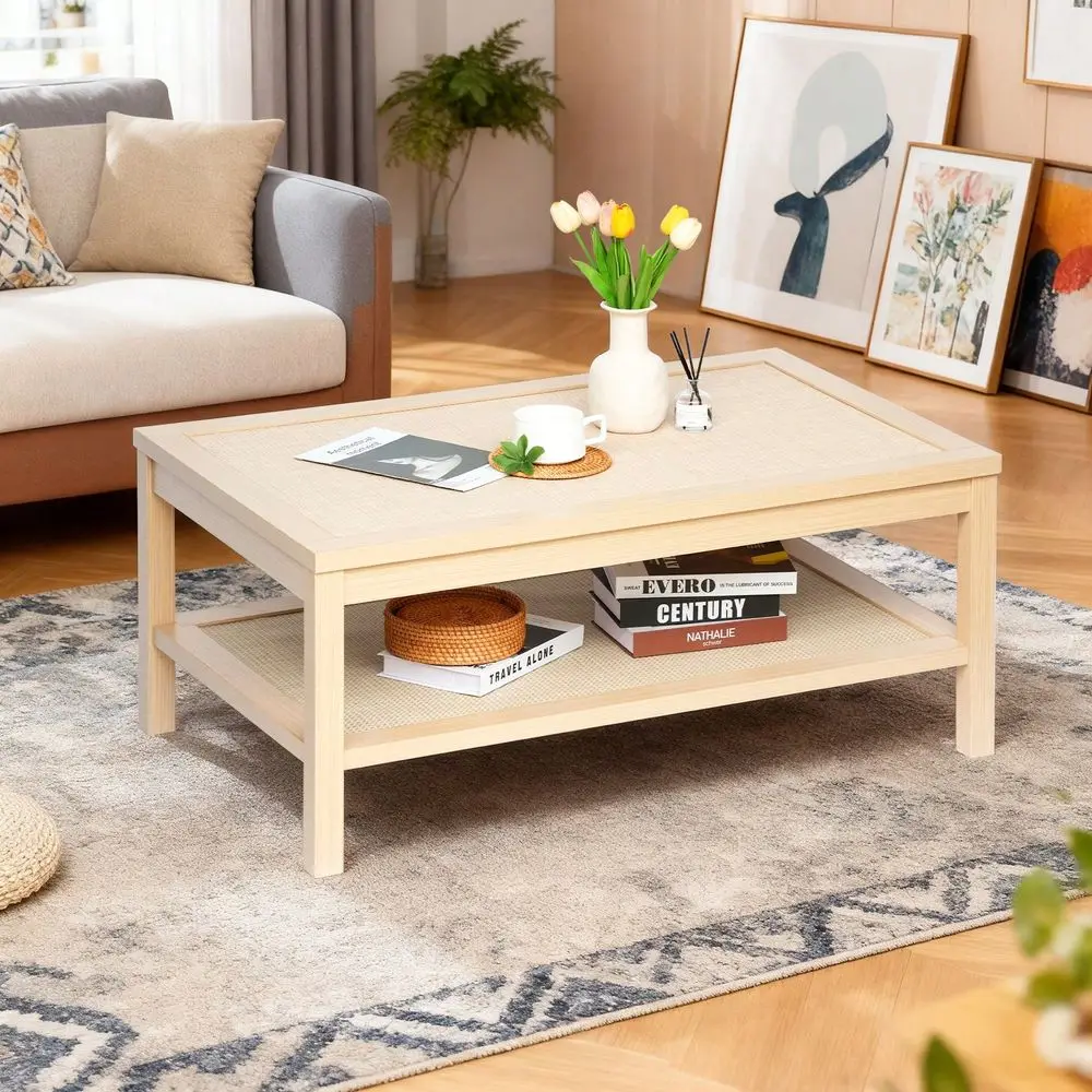 

Rectangular 2 Tier Rattan Coffee Table With Dual Rattan Storage Shelves Natural Wood Grain Boho Style Tea Table For Living Room