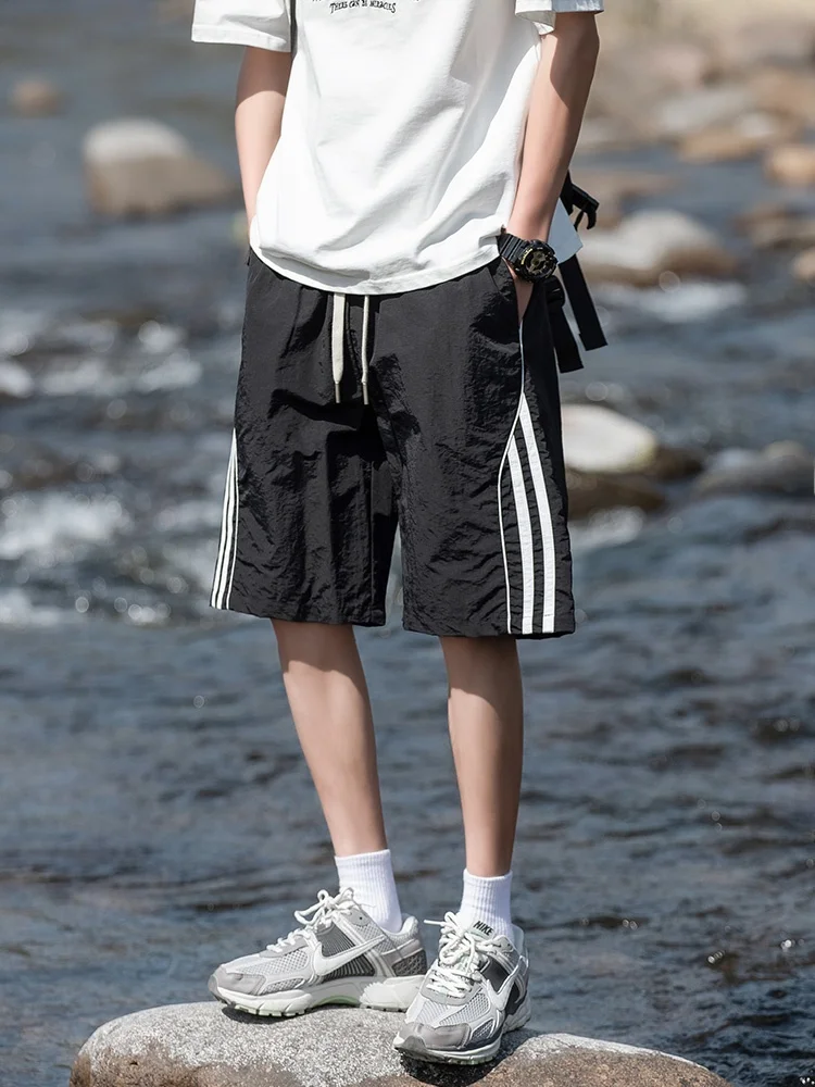 

Men's Stripe Ice Silk Qui Dry Spor orts Casual Straight Leg Five-Quarter Length Faionable Summer Leisure Pants