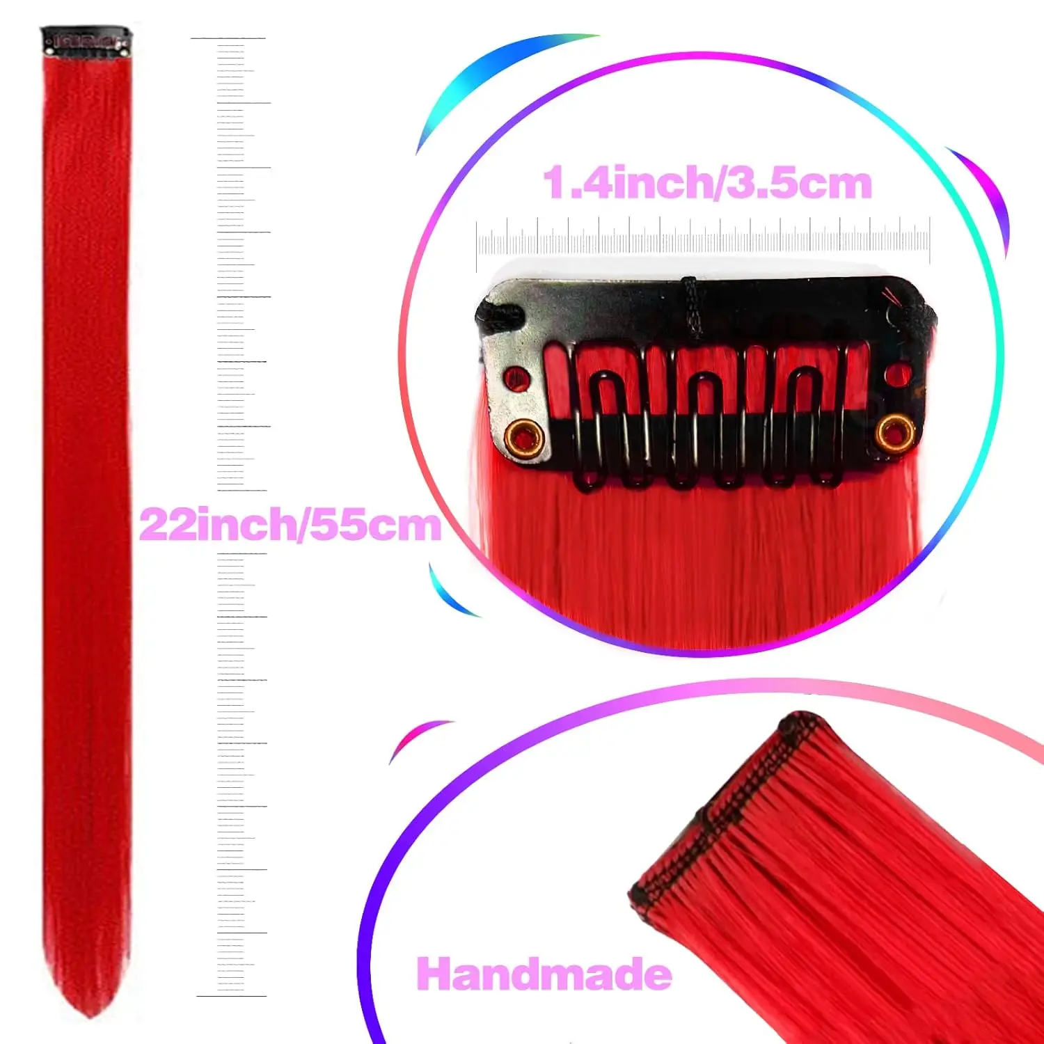 وصلات شعر حمراء بمشبك، وصلة ملونة للحفلات للأطفال والبنات قطعة شعر صناعية مستقيمة 22 بوصة