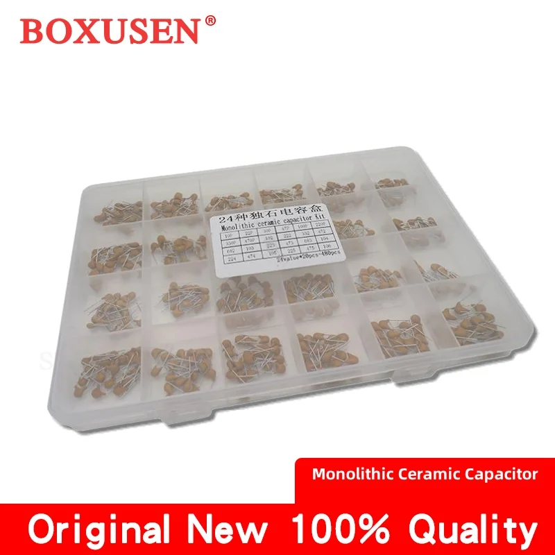 

24 значения * 20 шт = 480 шт. монолитный керамический конденсатор 10 пФ ~ 10 мкФ керамический конденсатор в ассортименте с коробкой