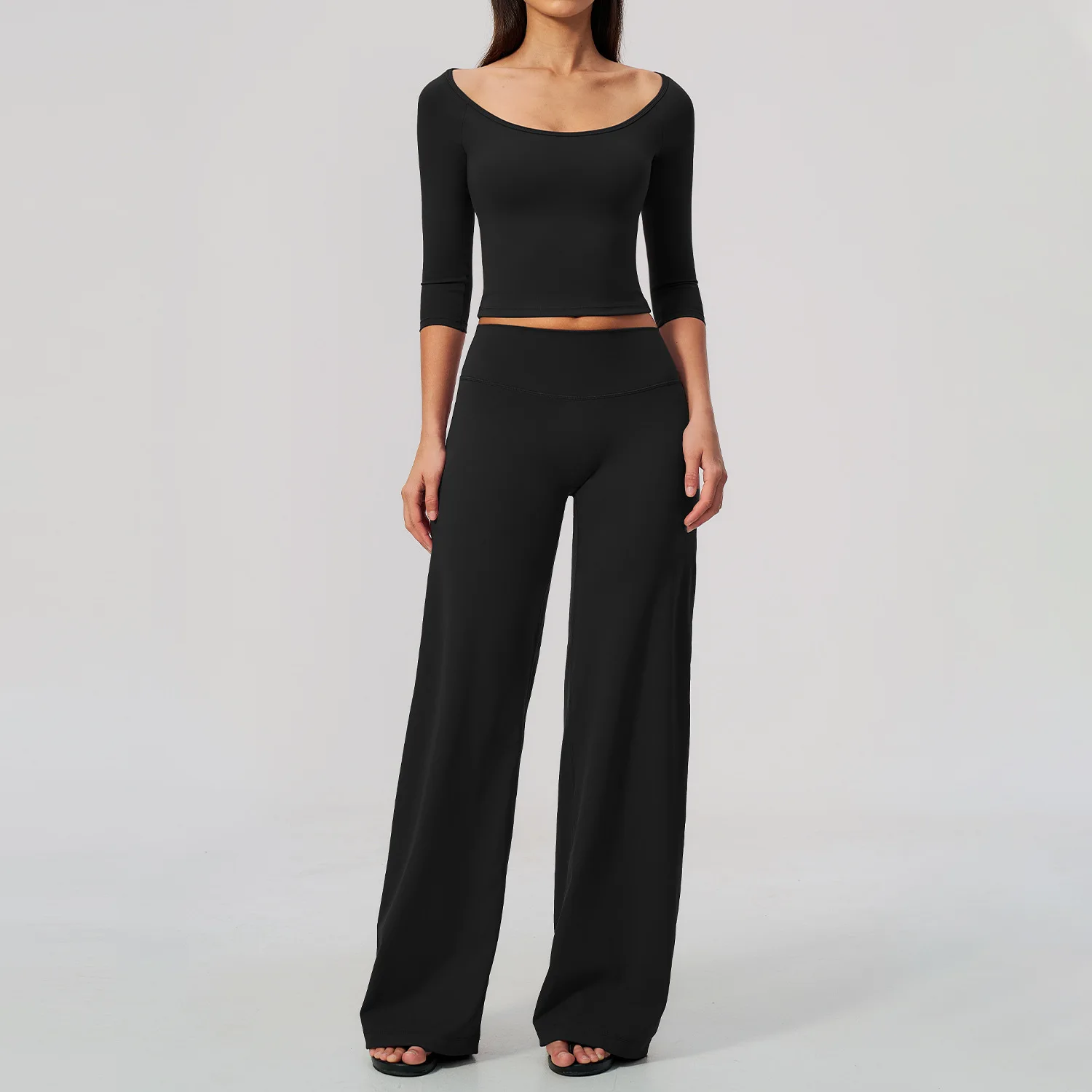 Cloud Feeling Sanded Yoga Set Off Shoulder Cropped Sports Top High Waist Wide Leg Pants Tracksuit Workout Fitness Running Suit