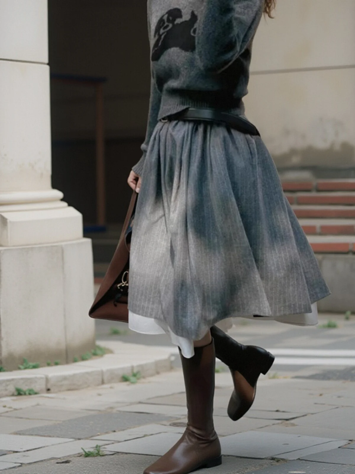 ay Stripe Double Layer Splicing Skirt High Waist Commuter Sle Midi Skirt Loose Fit Regular Thin Pure Color Design