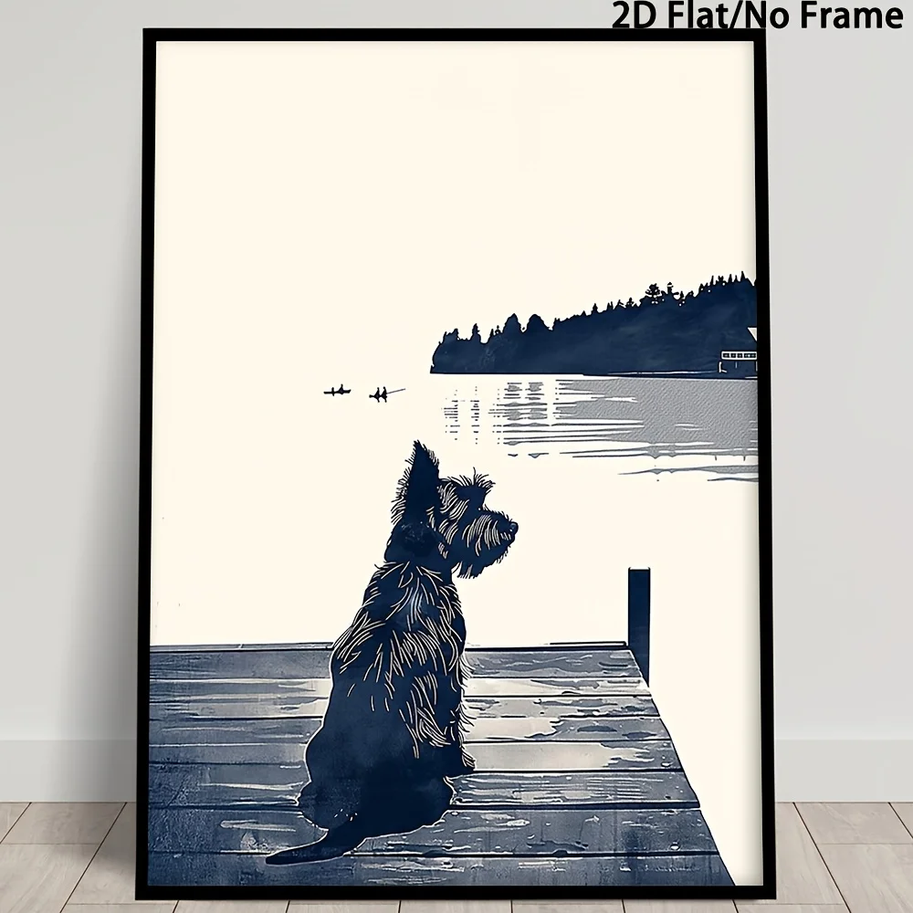 2D Flat, 1pc Scottish Terrier on the Dock Frameless Vertical Canvas Wall Art - Blue Suitable for Home,, Office Decor - Scotti