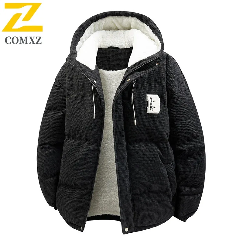 COMXZ 2025 Autumn Winter Hooded Stand Collar Cotton Jacket Waterproof Windproof Solid Color Warm Unisex Loose Fit Fashion Coat