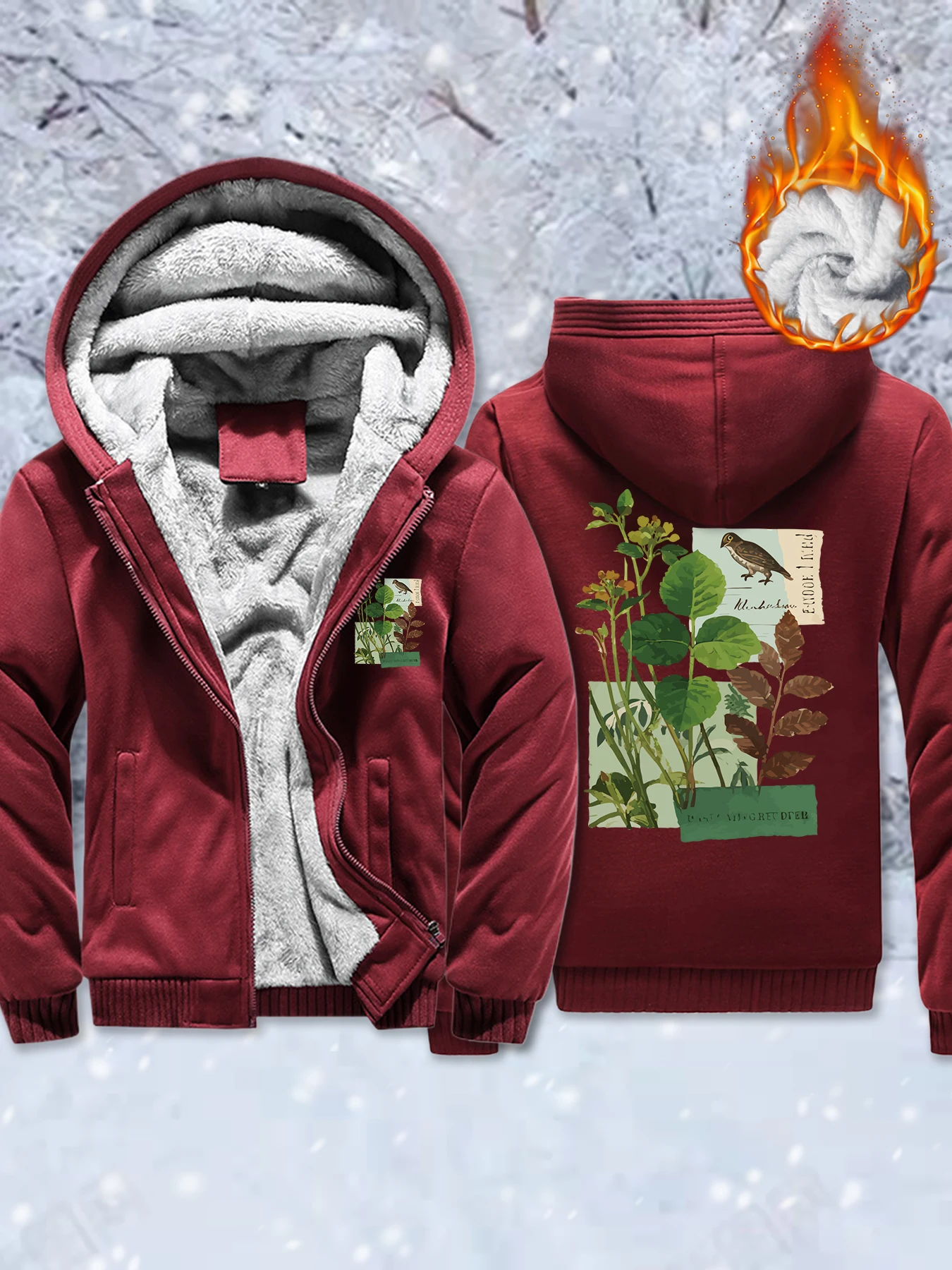 

Creative Leaf Plant Bird Prints Men Thicken Coats Hip Hop Fleece Jackets Pocket Loose Zipper Clothes Winter Casual Streetwear