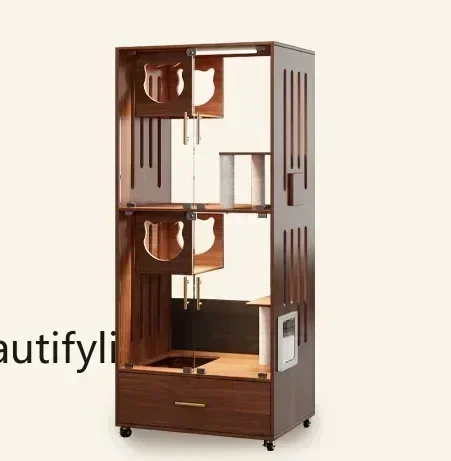 Solid Wood Cat Villa Home with Toilet Integrated Panoramic Glass Luxury Large Cattery Cat Cage