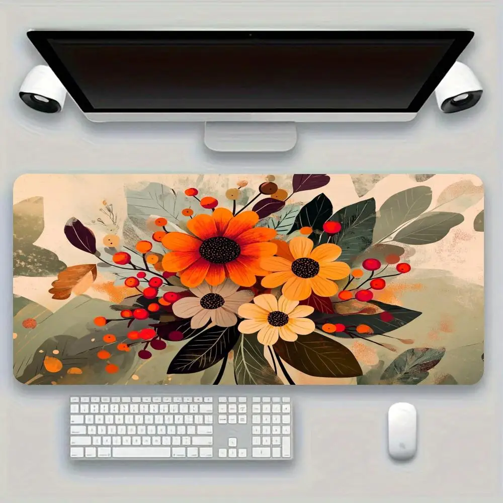 Simple green leaf orange flower cluster desk mat fresh soft  natural rubber for game work study
