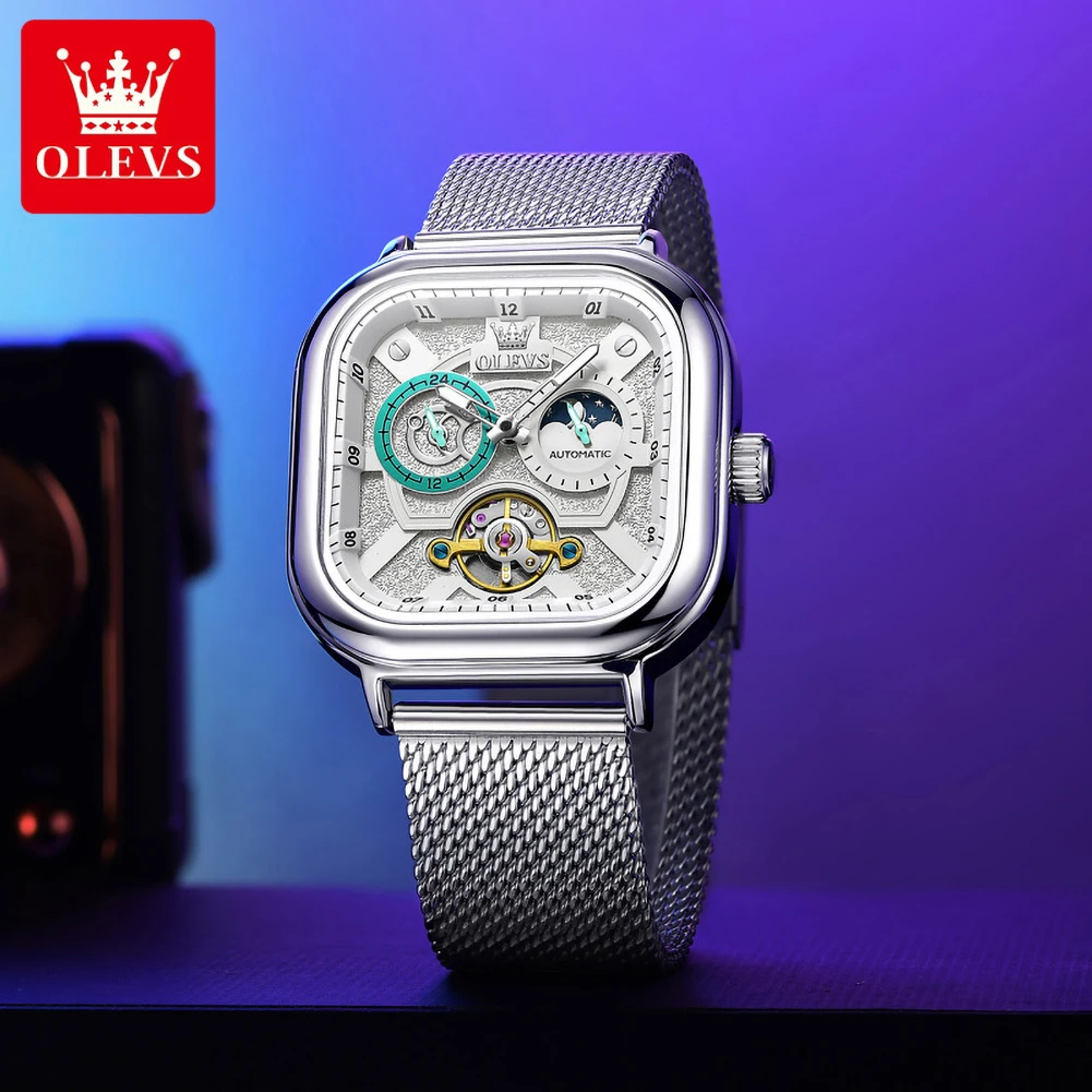 OLEVS 6782 Hollow Watches Men Deep Waterproof Stainless Steel High Quality Square Mechanical Watch Casual Fashion Reloj New