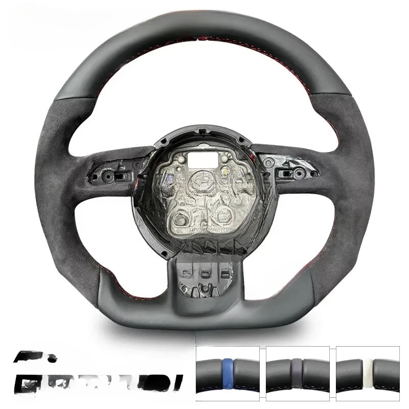 For Audi A6 C7 Multi colored stitching, multi functional semi perforated leather alcantara flat bottomed sports steering wheel