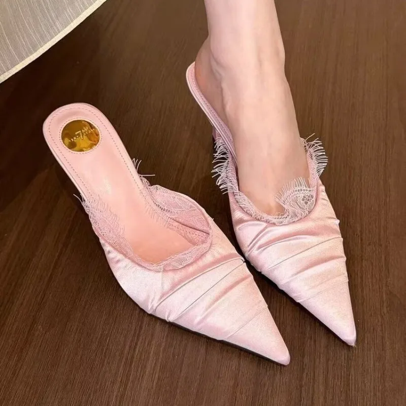 2026 Baotou High Heels Women's Summer Pointed Toe Lace Pleated Slip-on Non-Slip Stiletto Heel Half Drag