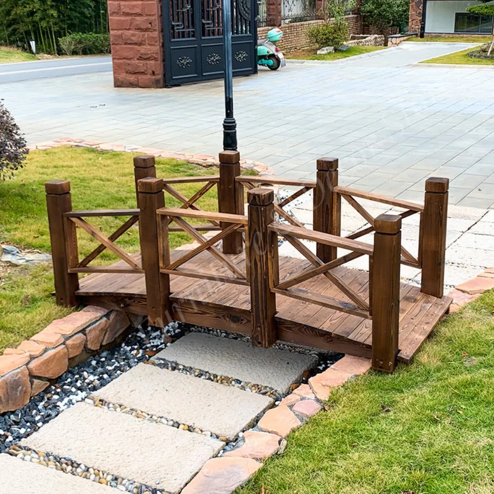 Preserved Wood Garden Bridge Dark Brown Cross Braced Railings Customizable Size for Outdoor Yard Patio Landscape Decoration