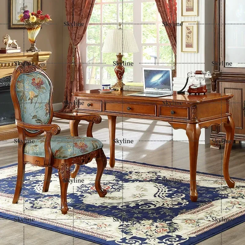 American Solid Wood Desk and Chair Set Home Bedroom Study Furniture European Small Writing Desk Computer Table