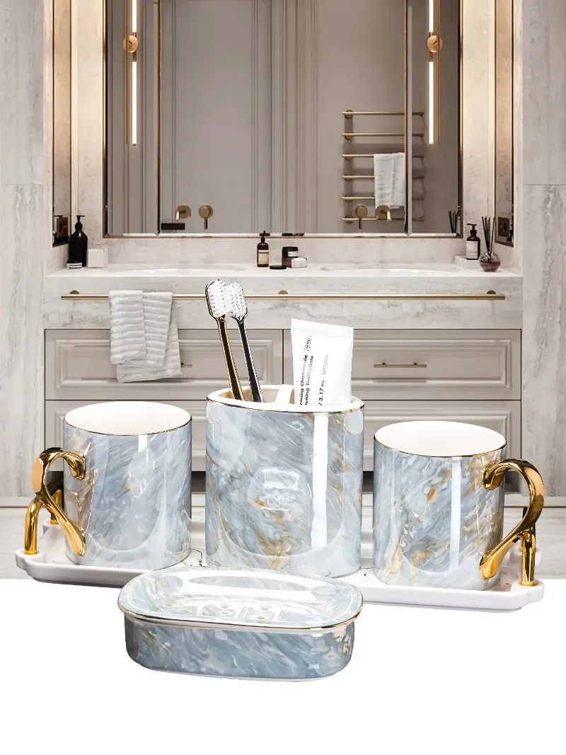 Creative Gold-Plated Marble Ceramic Toothbrush Cup Lotion Bottle Bathroom Accessories Shower Gel Dispenser Soap Dish Rinse Cup