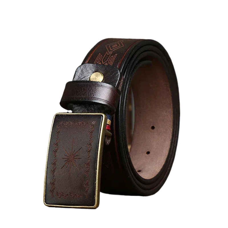 Men Retro Handmade Genuine Leather Belt Fashionable Vintage Carving Pattern Smooth Buckle Belts Male Jeans Waistband Belt