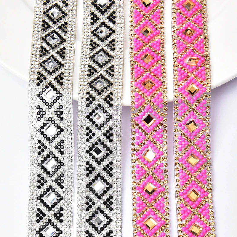 2Meter/Lot Black And Pink Rhinestone Trim Ribbon Hotfix Self-Adhesive Crystal Stone Beads Tape For Shoes Hat Wedding Dress Belt