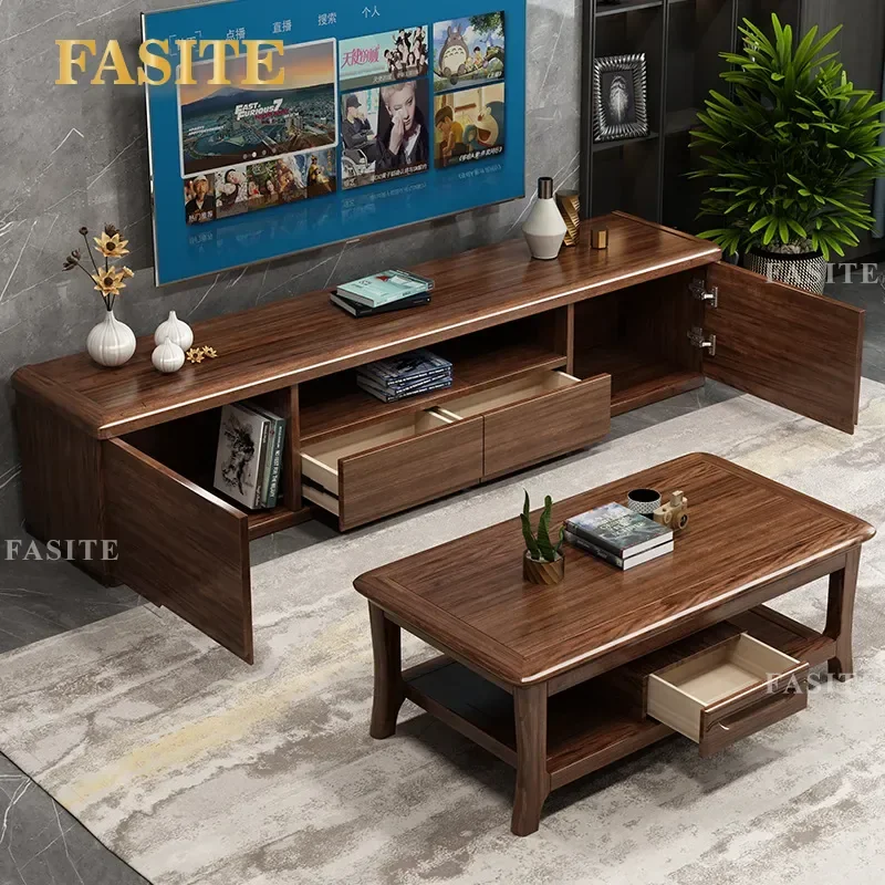 For Living Room New Chinese Style Walnut TV Cabinet and Coffee Table Combo 2m Modern Simple Solid Wood Floor Standing Low