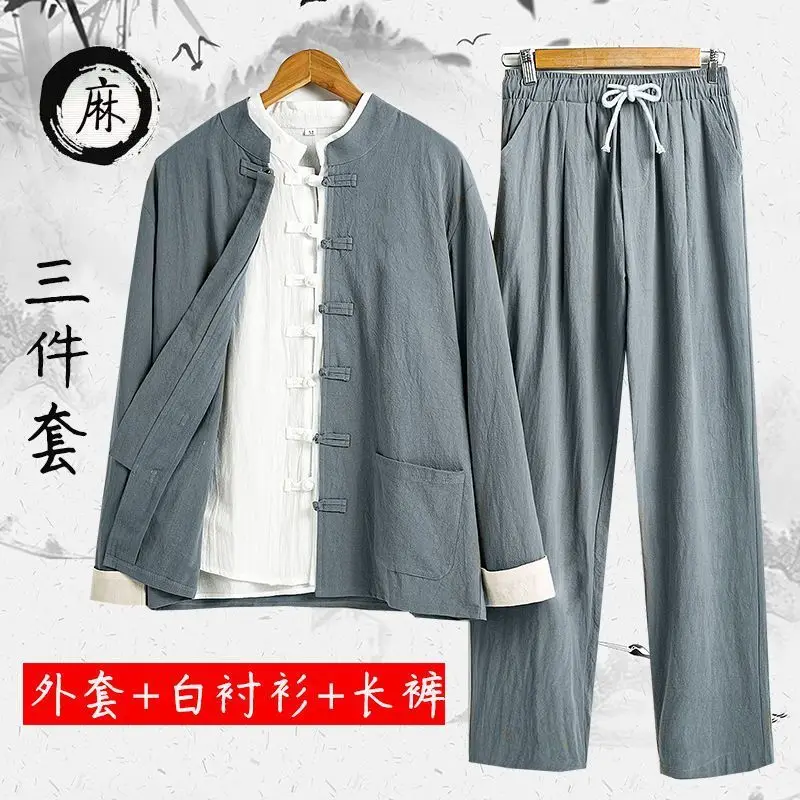 Men Chinese Style Tang Suit 3 Piece Set Cotton Linen Retro Jacket Shirt Pants Zen Tea Clothing
