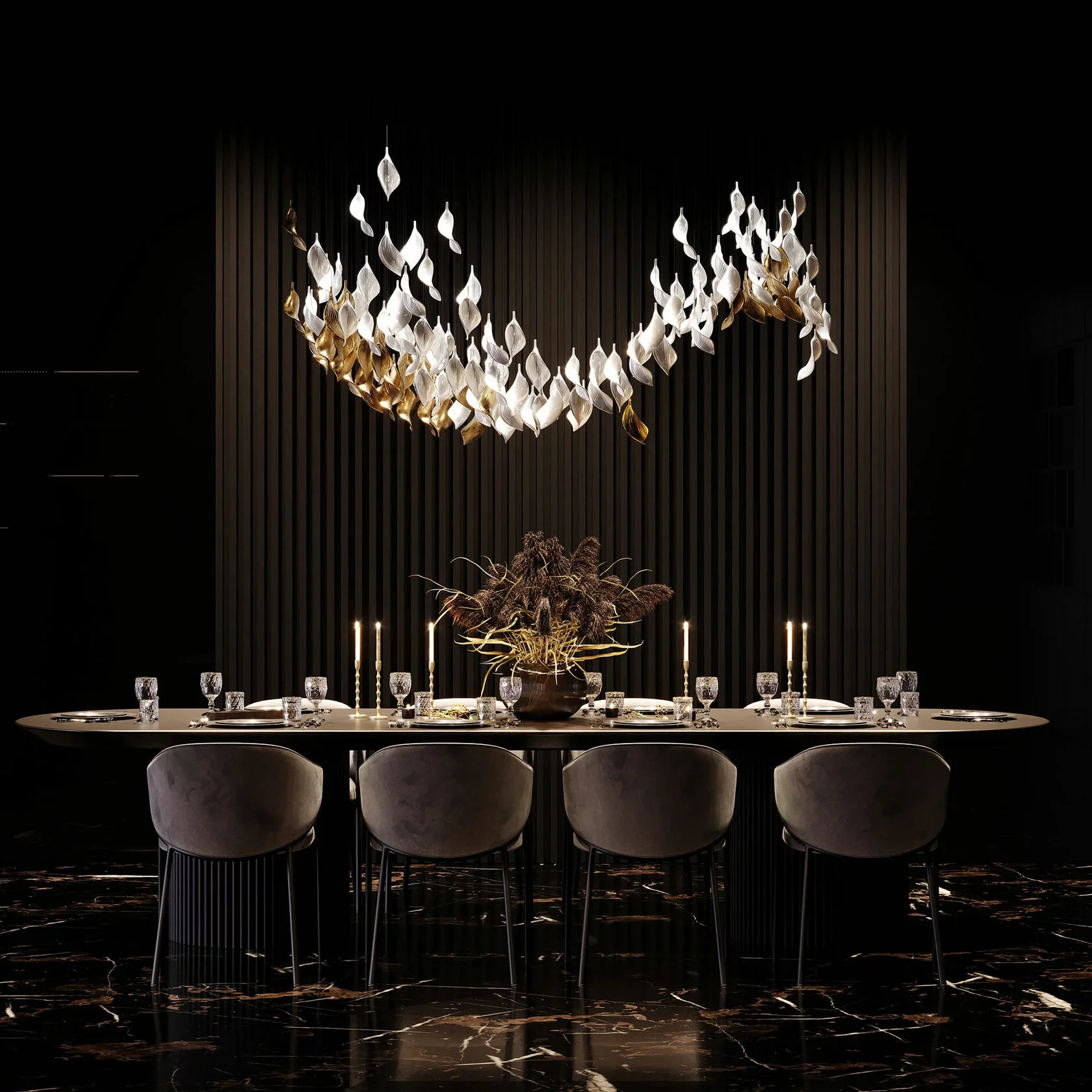 

Modern Design Ceramic Leaf Chandelier Custom Art Suspension White Gold Leaves Lightings for Table Top