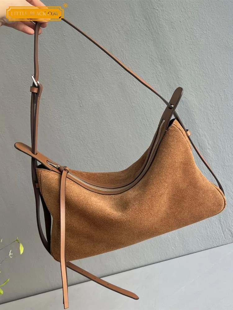 

Vintage Women Soft Real Cow Suede Leather Shoulder Bag Fashion Elegant Ladies Underarm Bags Retro Zipper Strap Crossbody Bags