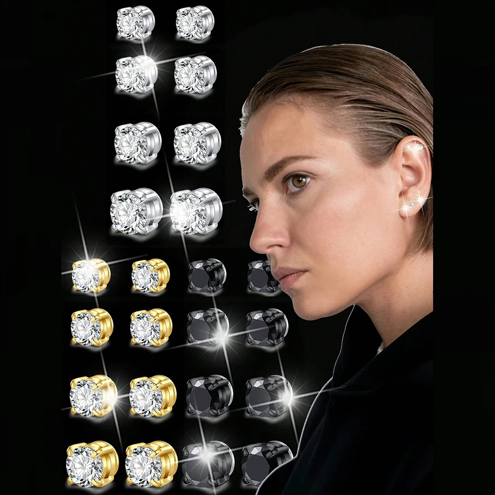 2pcs Non-Pierced Earrings Set For Men Women CZ Stainless Steel Clip On Earring 4-7mm