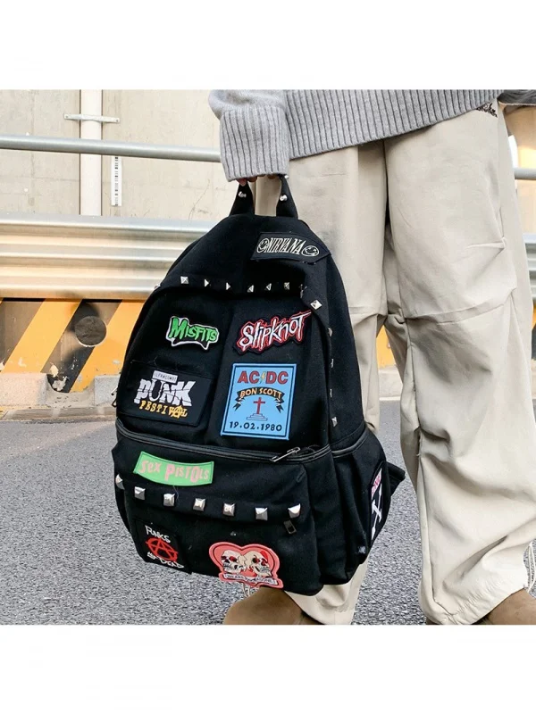 

Punk Ro Counterculture Embroidered Rivet Student Large Capaci Bapa Y2K Spicy Girl Personali Double oulder Bag Trendy