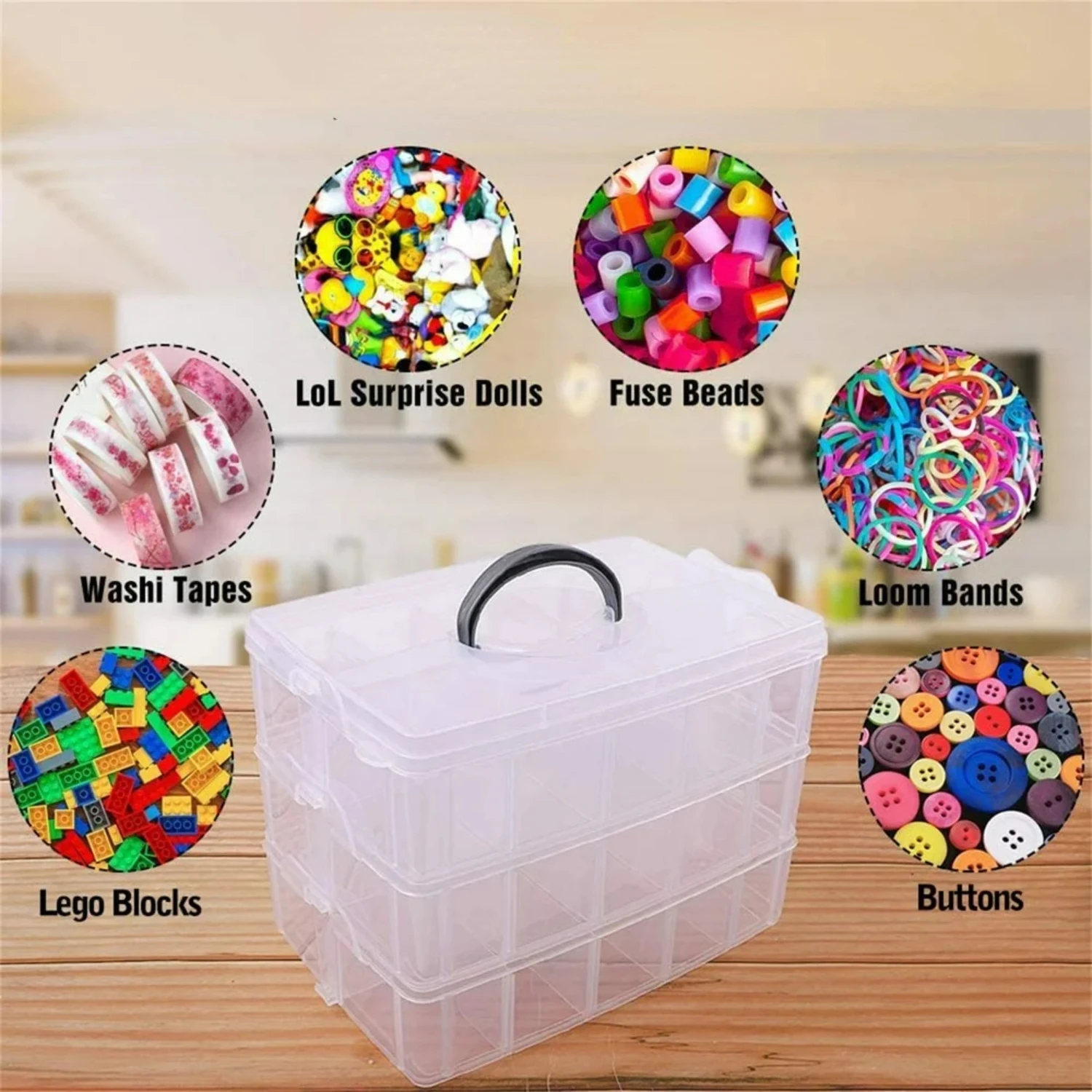 منظم صندوق تخزين شفاف قابل للتكديس من 3 طبقات مع مقصورات قابلة للتعديل - خرز المجوهرات والفنون والحرف اليدوية ومستلزمات التجميل