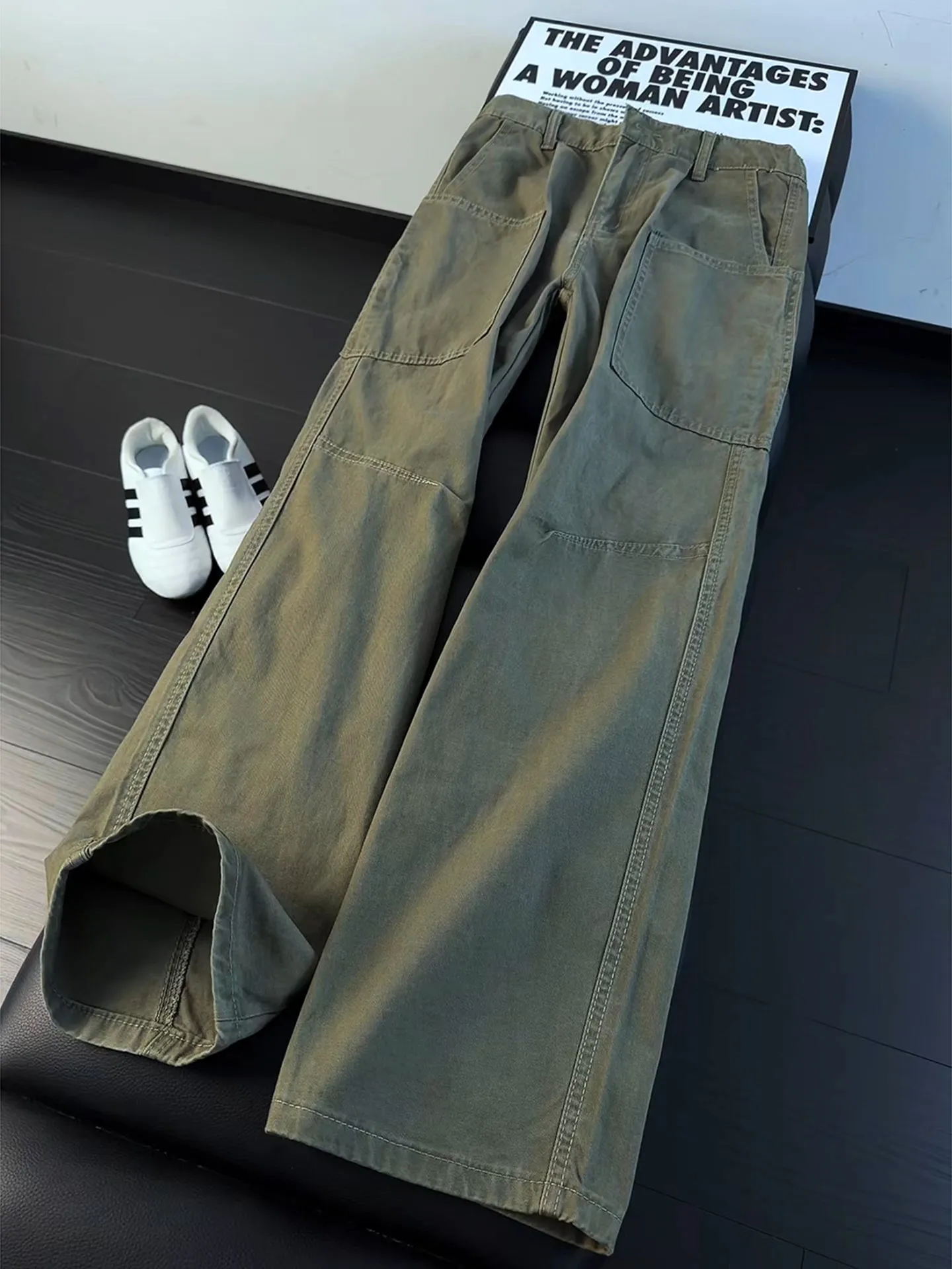 Military Green Washed Knife  Jeans Men's Summer Pure Cotton Large Pocket Workwear Loose Straight Leg Bell Bottoms