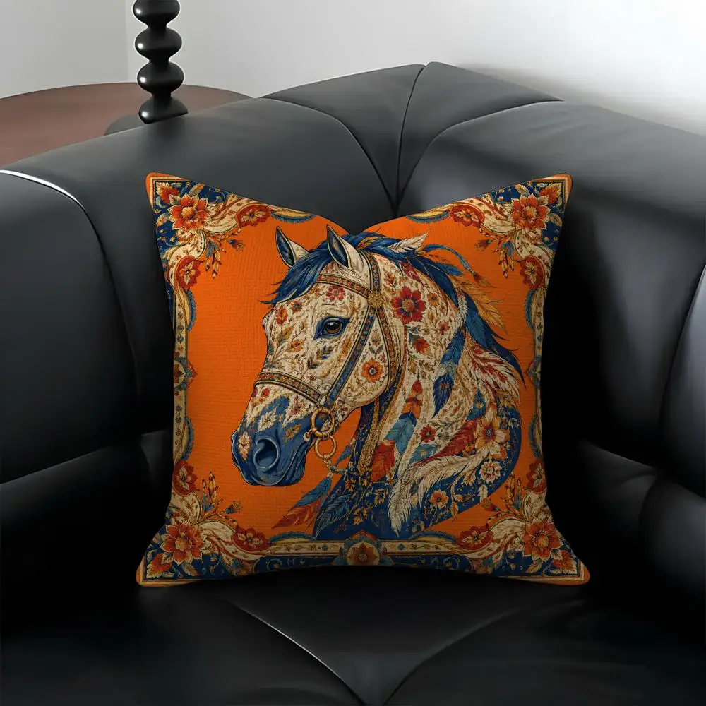Pattern Colorful Horse Patterned Cushion Cover Natural Linen Pillow Covers, Washable Cushion Cases for Sofa Bed Couch Decor