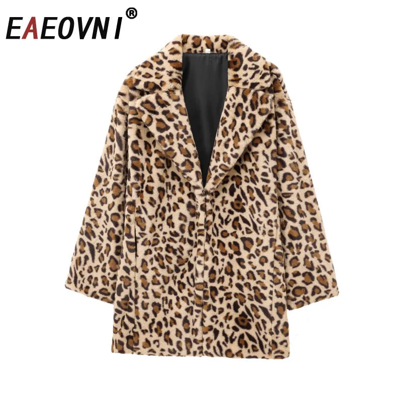 EAEOVNI-abrigo de piel sintética de leopardo para mujer, chaqueta de calle cálida con solapa nueva de Color contrastante, ropa de moda, Otoño e Invierno