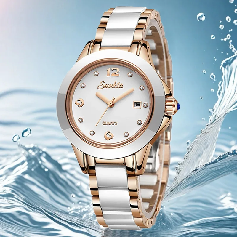 Sunkta Mode Lässig Quarz Frau Uhr Elegante Luxus Keramik Diamant Kalender Wasserdichte Damen frauen Uhren Montre Femme