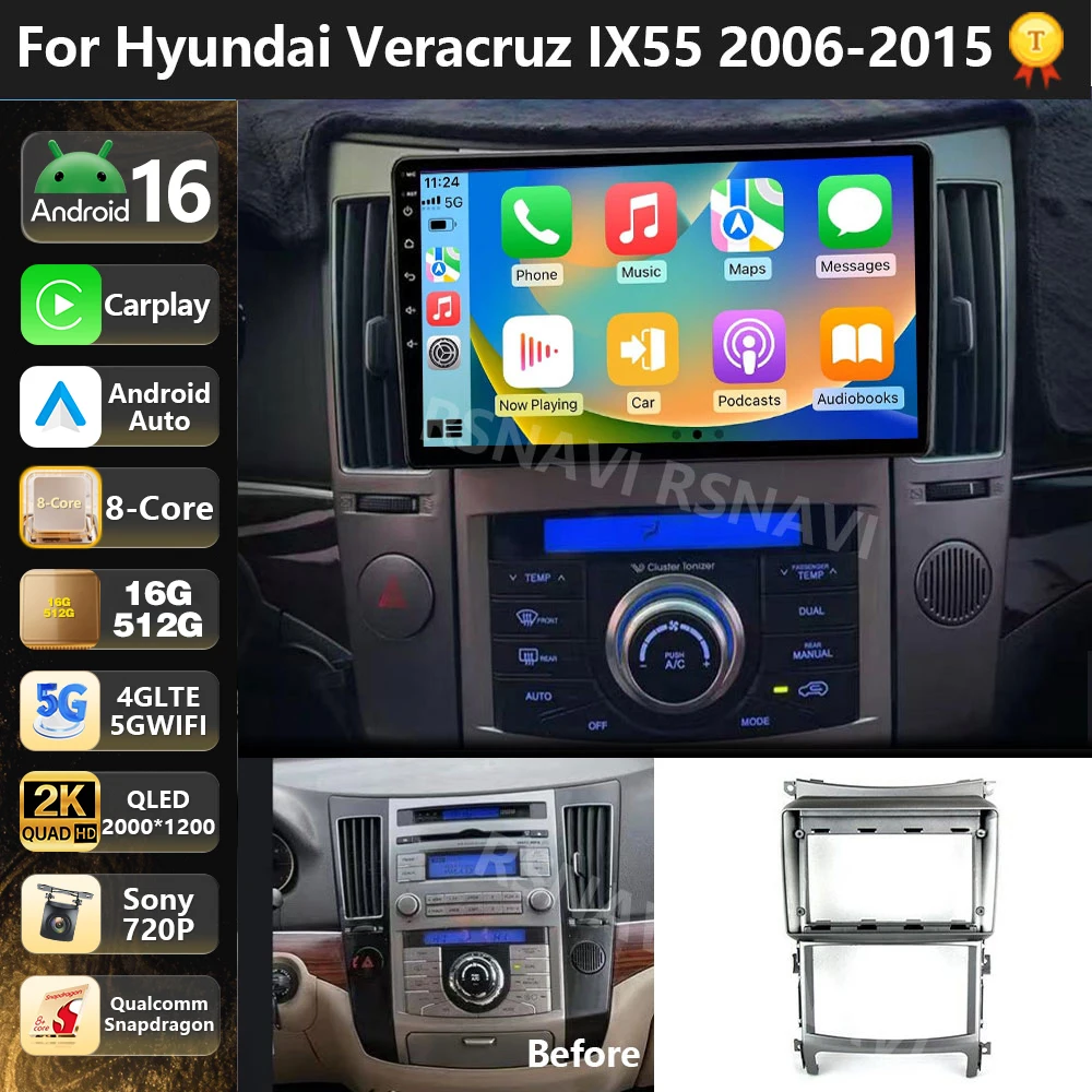 Qualcomm Android 16 For Hyundai Veracruz IX55 2006 -2015 2K QLED Car Radio Multimedia Video Player GPS Stereo Dsp CarPlay Auto