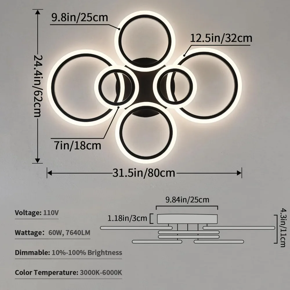 تركيبات إضاءة سقف LED حديثة مكونة من 6 حلقات، حامل فلوش مع جهاز تحكم عن بعد لسطوع خافت ودرجة حرارة ألوان قابلة للتعديل #4