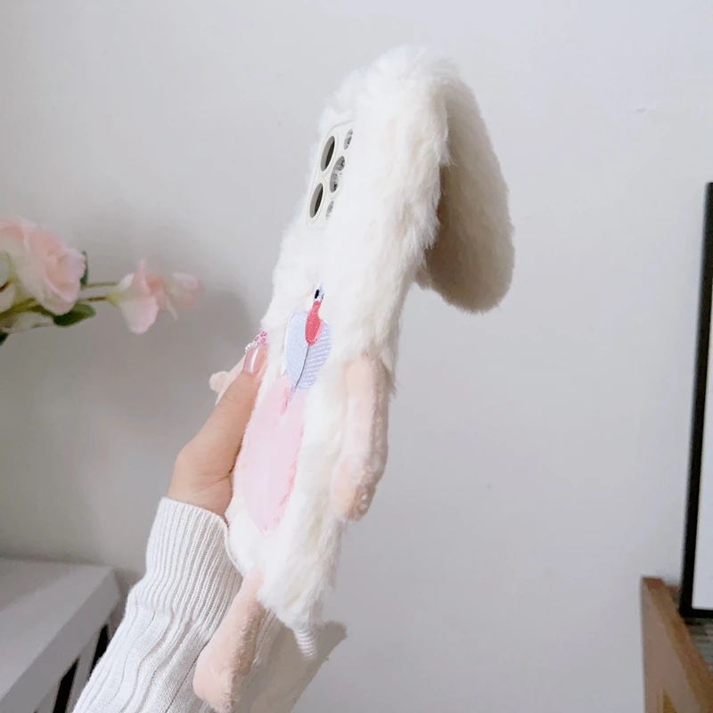 น่ารัก3D กระต่าย Fur Plush โทรศัพท์สำหรับ iPhone 14 13 12 Mini 11 Pro Max XS Max XR X SE 2020 6S 7 8 Plus Warm Plush