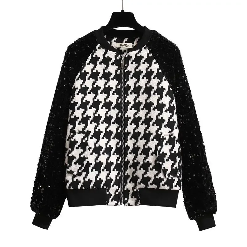 Solto frisado Baseball Uniforme Casaco, Houndstooth Leopard Splicing, Lantejoulas Bomber Jacket, Zipper Streetwear, Colheita Tops, Cardigan, Outono