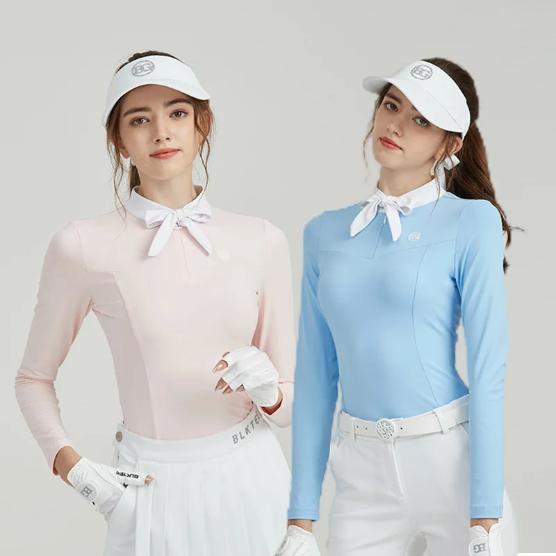 

Blktee Autumn Women Windproof Training Tops Slim Long Sleeve Golf T-shirt Lady Bowknot Collar Golf Shirt Fashionable Apparel