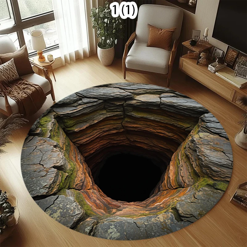 2D Cave Illusion Round Rug, Optical Illusion Rock Pit Print Floor Mat, Non-Slip Novelty Carpet, Fun Gamer Room Decor  Carpets