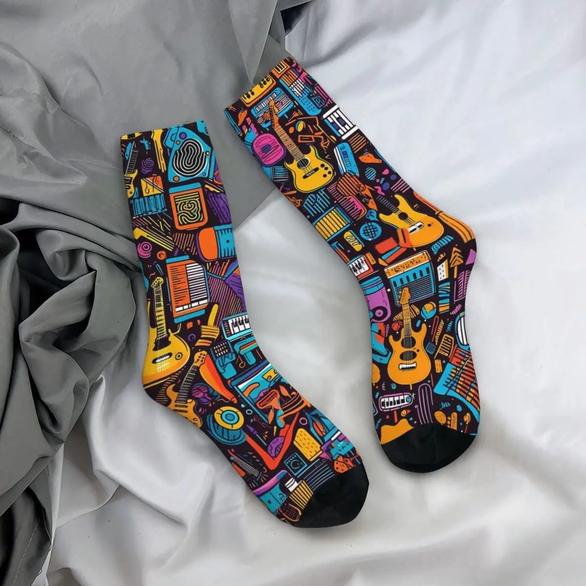 Retro Multiple Musical Instruments Men\'s Socks Rock And Roll Music Unisex Harajuku Seamless Printed Happy Crew Sock Gift