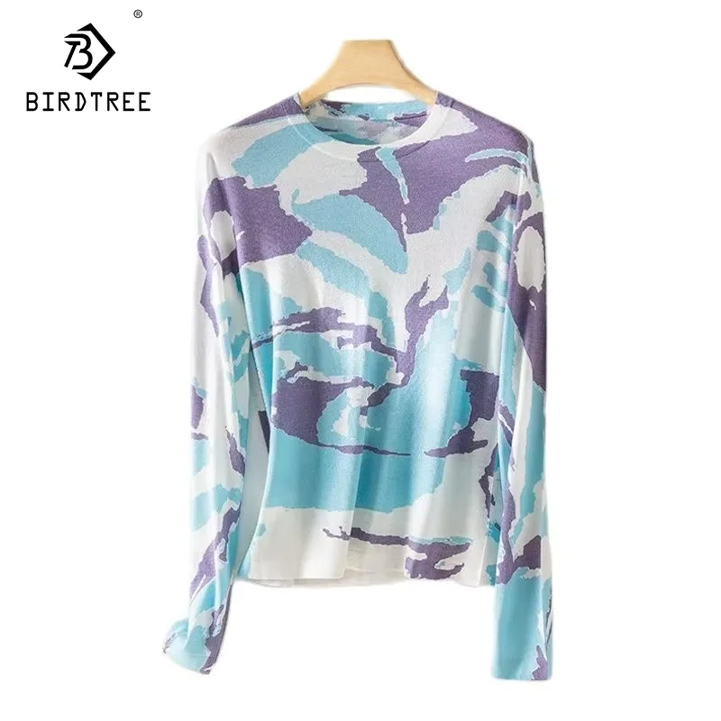 Birdtree, Acetate Sheep Wool, Pullover for Woman, Long Sleeved Tie Dye Sweaters, Office Lady, 2024 Fall Winter Thin Top T49412QM