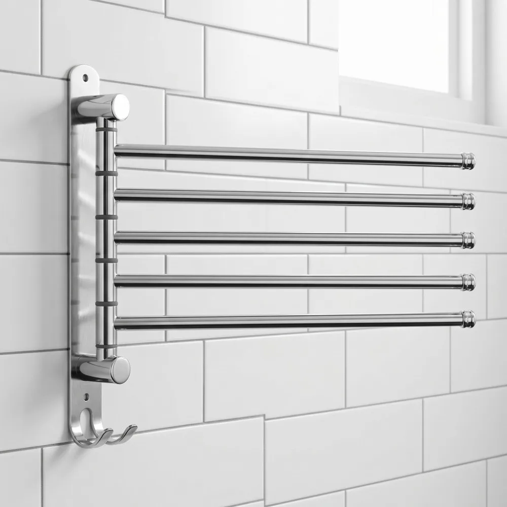 Stainless Steel Rotary Towel Rack Silver Wall Mounted Towel Rack Double Hook Adjustable Swing Arms Swivel Towel Bar