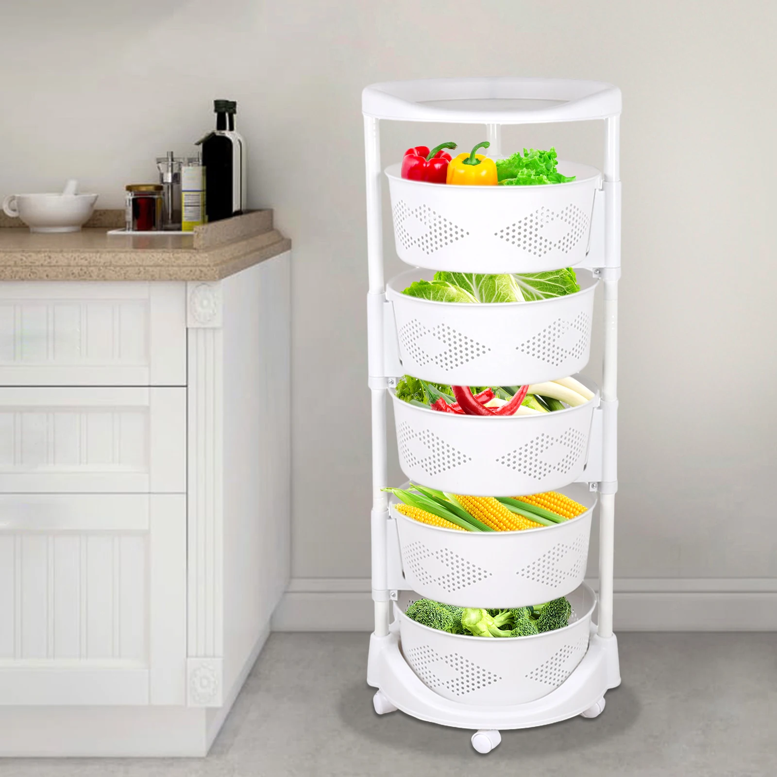 5 Tiers Rotating Storage Shelf Multi-Layer Kitchen Storage Rack Vegetable Organizer with Lockable Casters