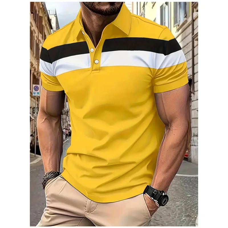 Camisa polo bloqueadora de cores masculina, roupa casual de negócios, lapela respirável confortável, blusa manga curta, moda minimalista